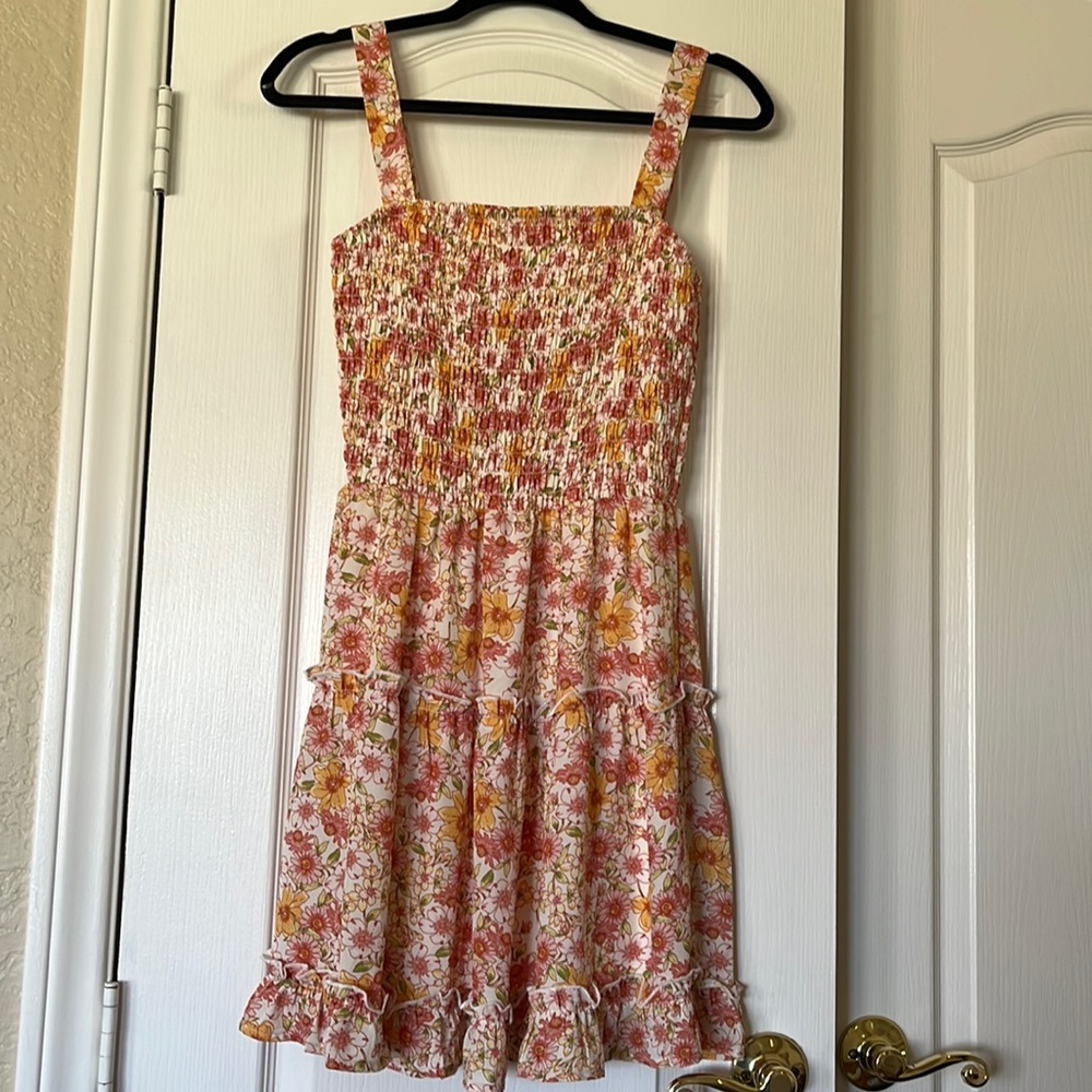 Jessica Simpson Floral Red Orange/Yellow, White Dress Medium